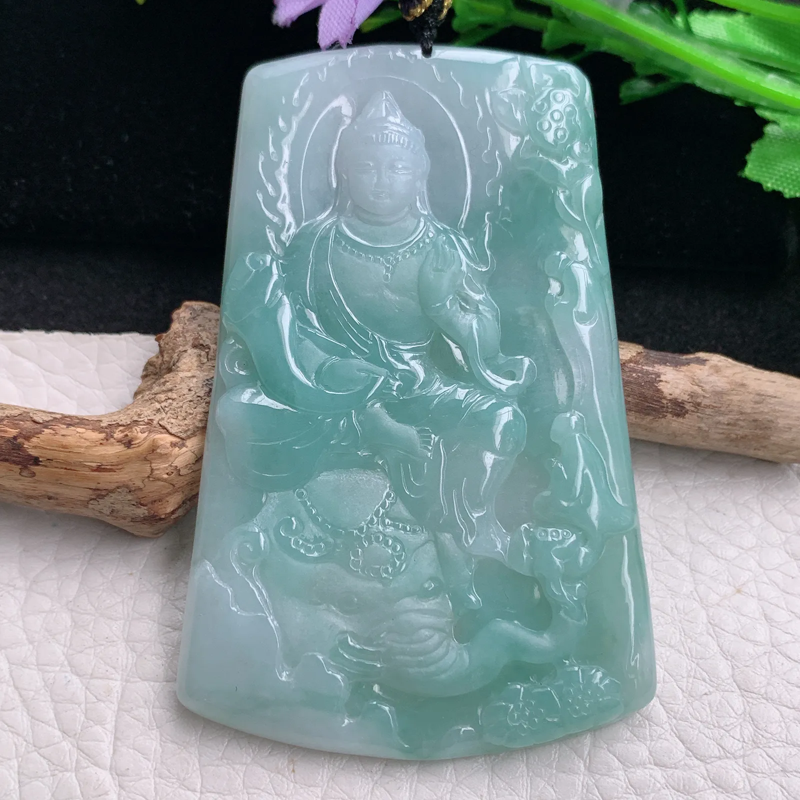 kh自然光69*44.8*5天然缅甸翡翠蓝韵普贤观音菩萨玉吊坠 玉挂件