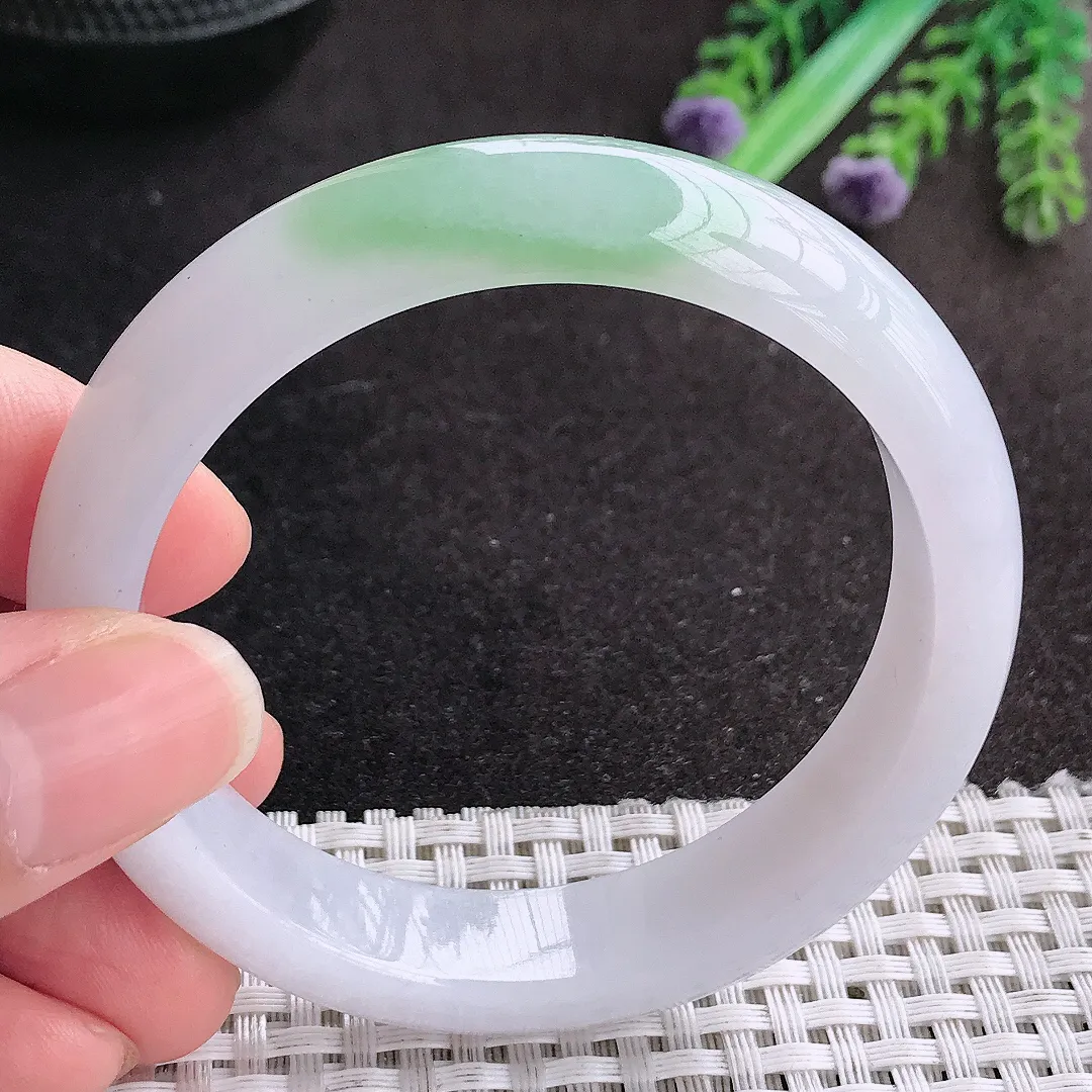 天然A货翡翠54.5/12.7/7.9老坑冰胶果冻飘绿手镯宽边玉手镯