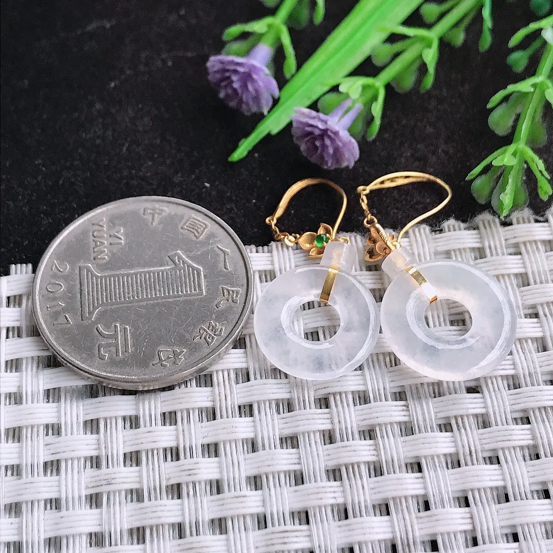 天然a货翡翠14.9/2.8老坑18k金镶嵌冰种白冰平安扣耳坠翡翠玉