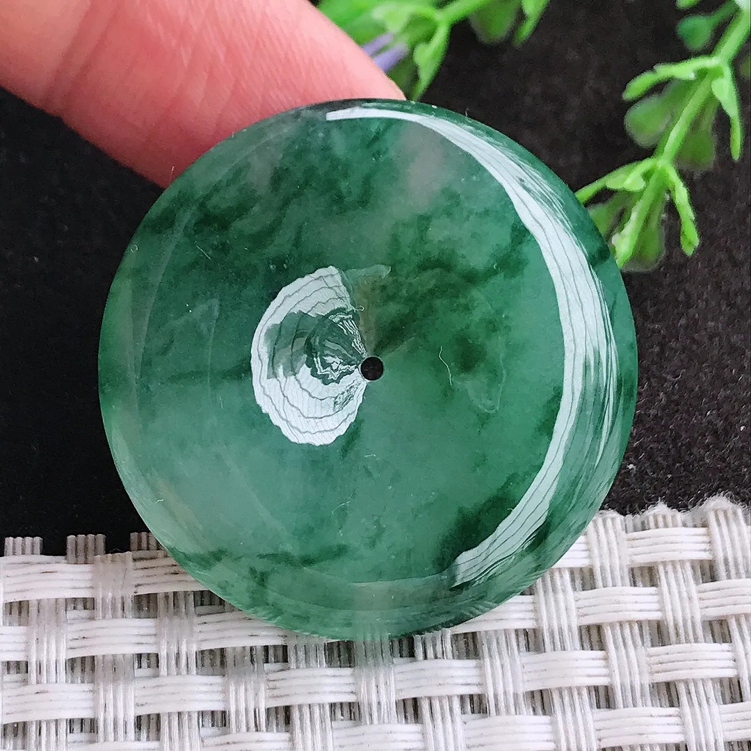 天然a货翡翠35/6.3老坑冰胶果冻冰飘花平安扣吊坠翡翠玉扣挂件