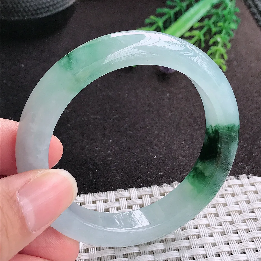 天然A货翡翠53.5/11.8/8.8老坑冰胶果冻冰飘花手镯宽边玉手镯