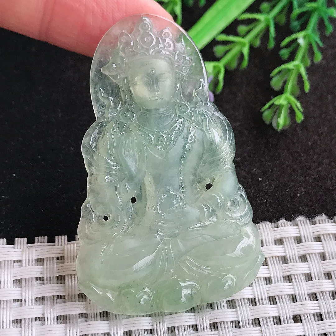 天然a货翡翠58/36.8/5老坑冰透起胶冰晴绿渡母菩萨吊坠翡翠玉挂件
