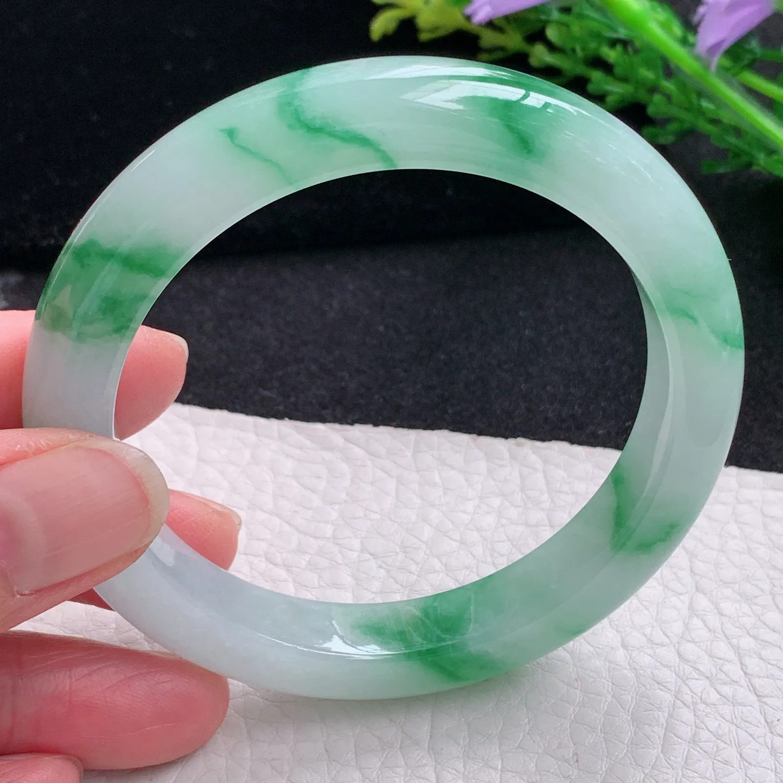 yh自然光57.5*10.5*9.2平安镯 缅甸翡翠a货玉手镯冰飘绿花宽边玉手环