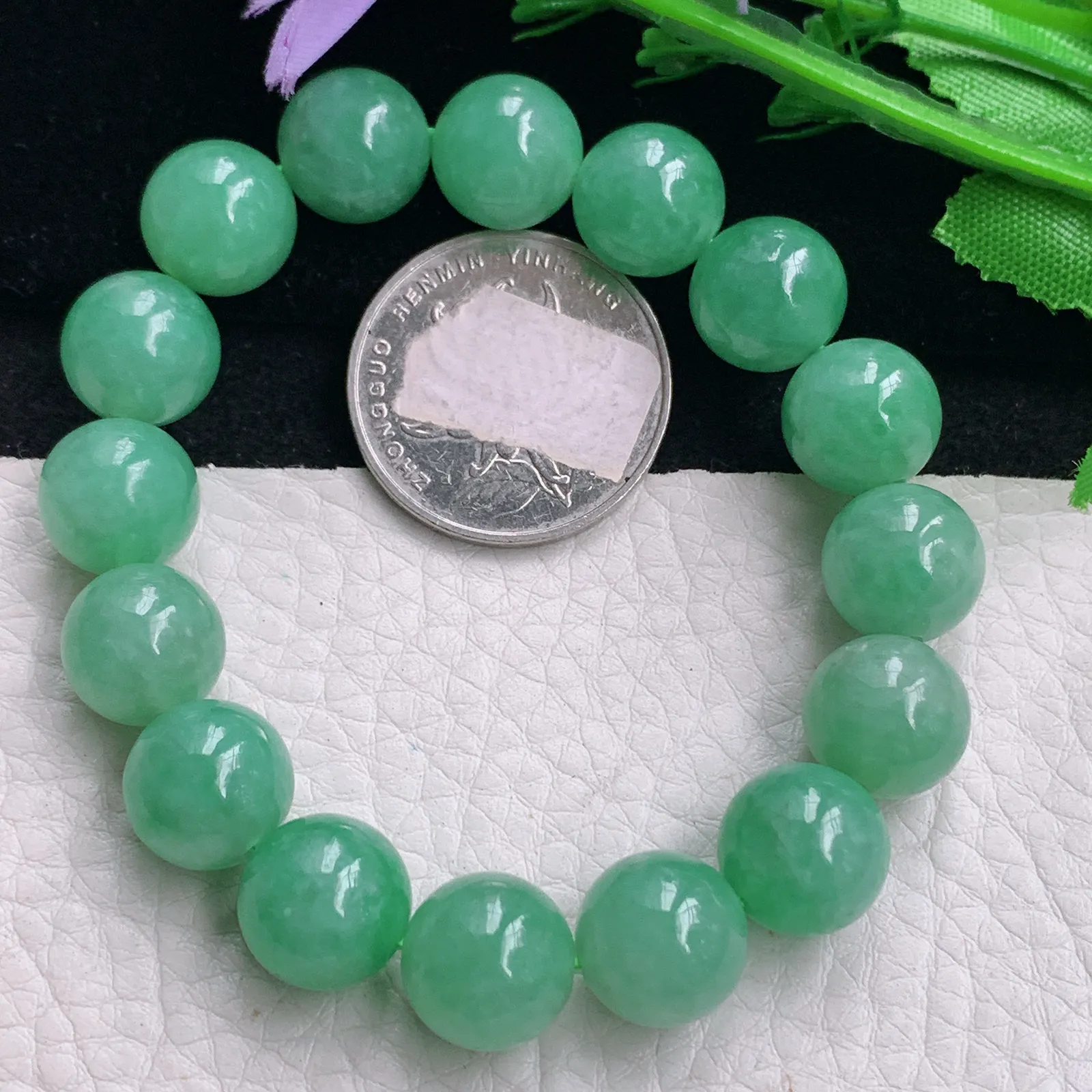 abc自然光11.5mm天然缅甸翡翠高雅满绿圆珠玉手链 玉手串