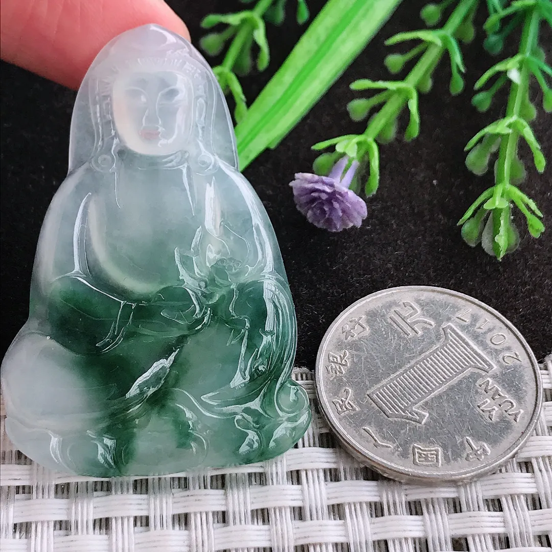 天然a货翡翠49/33/4.2老坑冰胶果冻冰飘花赐福观音吊坠翡翠玉挂件