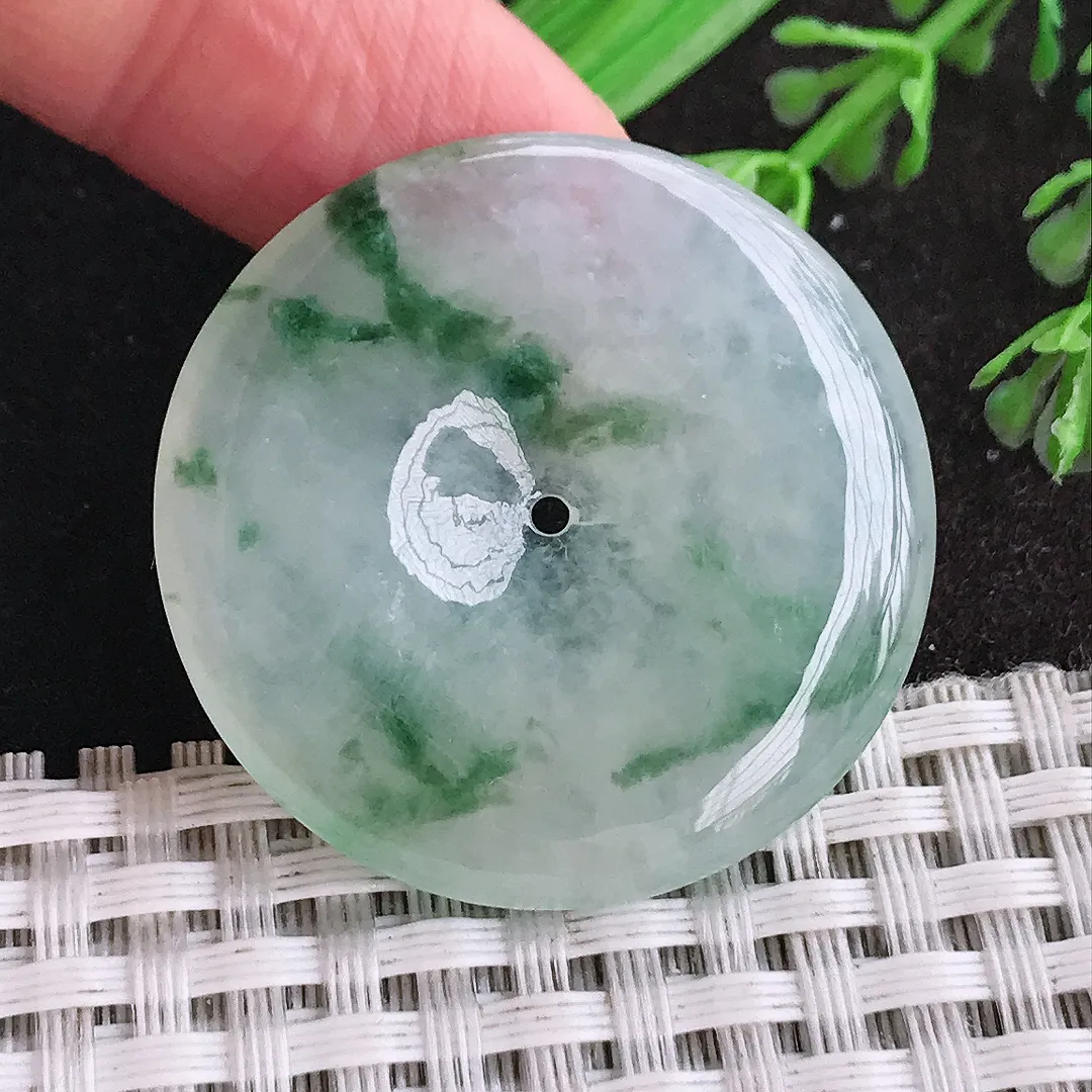 天然a货翡翠34.9/5.5老坑冰胶果冻飘花平安扣吊坠翡翠玉扣挂件