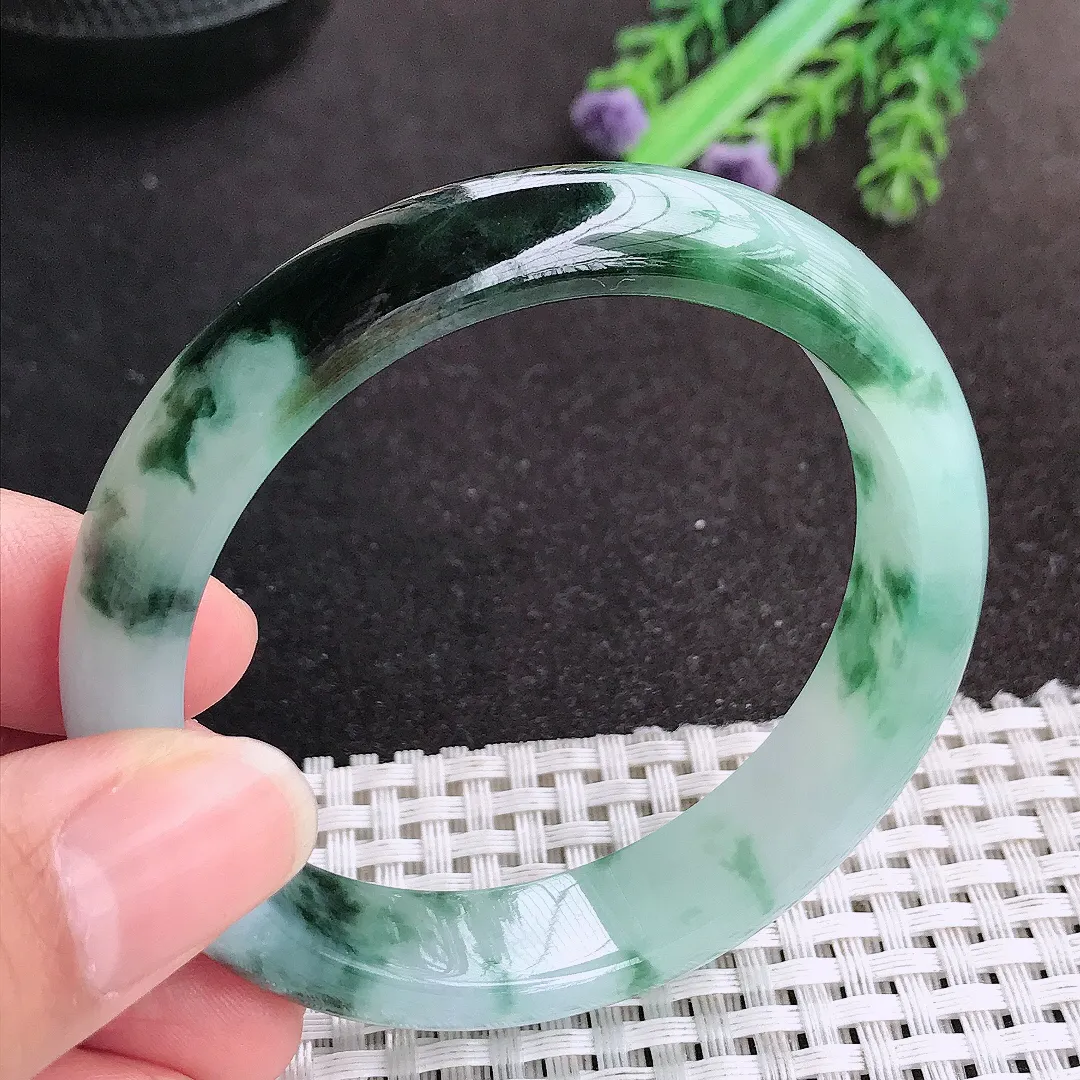 天然A货翡翠55/12.7/7.6老坑冰胶果冻特色飘花手镯宽边玉手镯