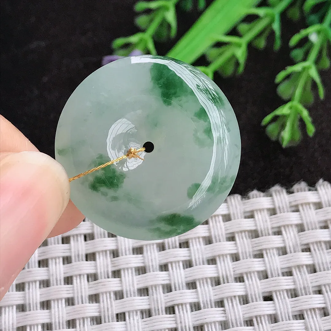 天然a货翡翠26.1/6.3老坑冰胶果冻飘花平安扣吊坠翡翠玉扣挂件