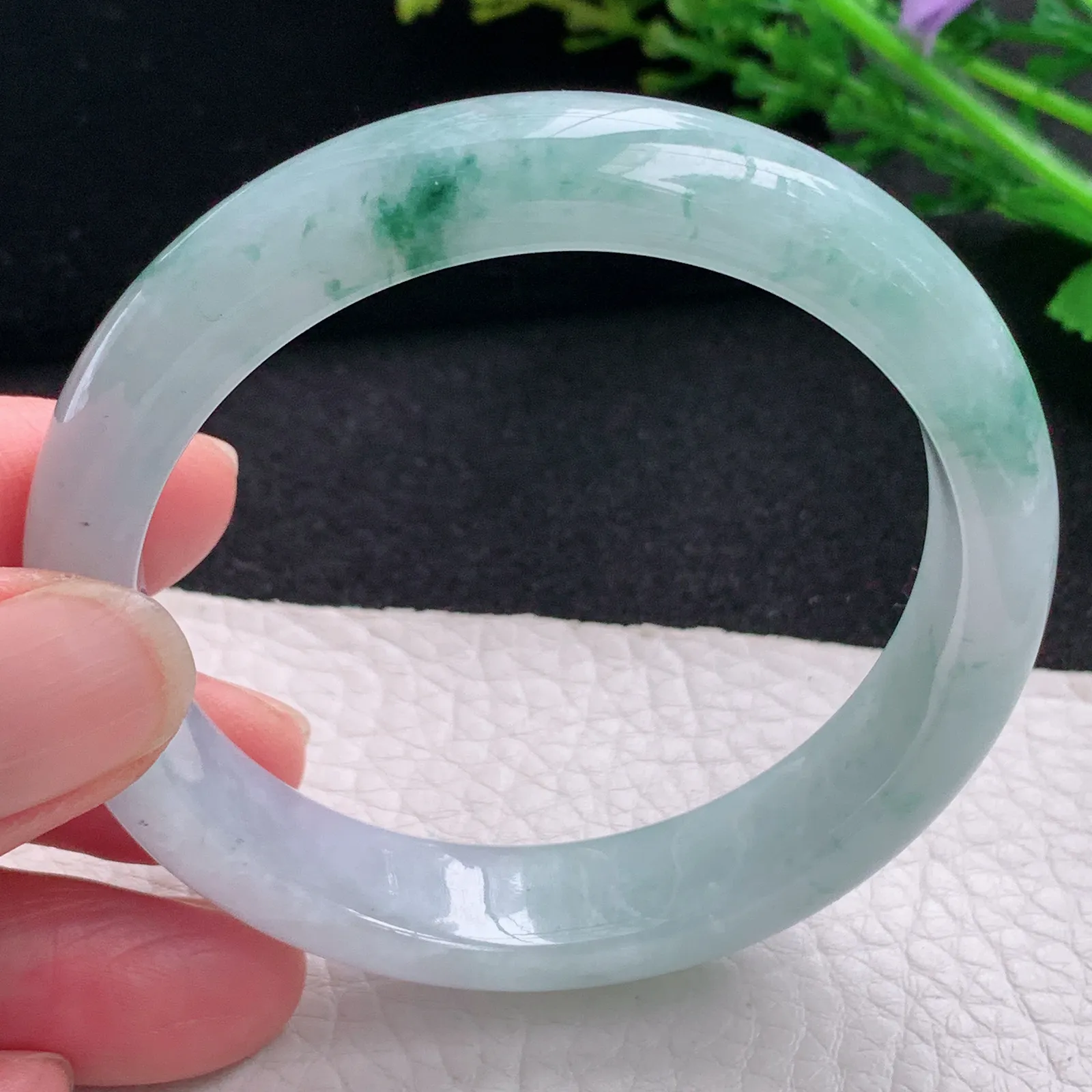 z自然光53.5*12.3*7.3平安镯 缅甸翡翠a货玉手镯飘花宽边玉手环