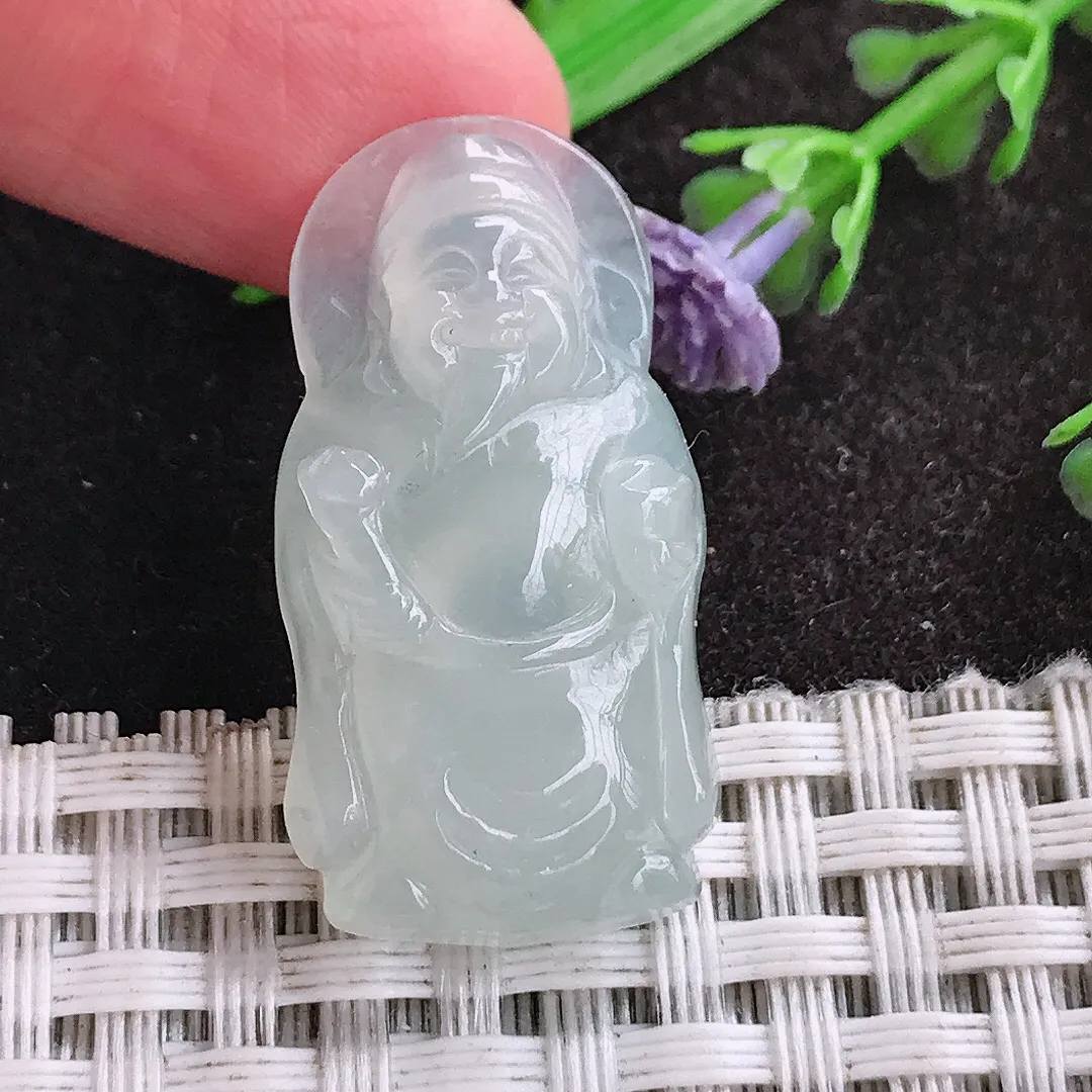 天然a货翡翠31.2/16.3/6老坑冰种起胶小财神爷吊坠翡翠玉挂件