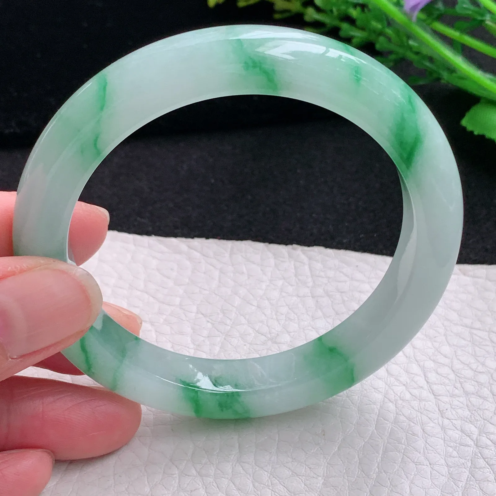 yh自然光57.5*10.5*9.2平安镯 缅甸翡翠a货玉手镯冰飘绿花宽边玉手环