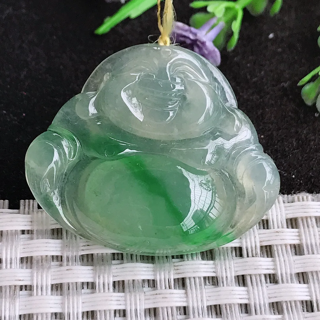 天然a货翡翠29.5/35/6.3老坑冰种果冻胶飘阳绿佛公吊坠翡翠玉挂件