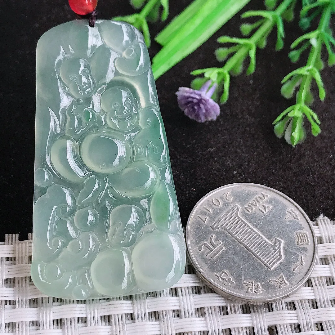 天然a货翡翠50/27.7/3.8老坑冰种果冻胶冰晴绿弥勒佛吊坠翡翠笑佛挂件