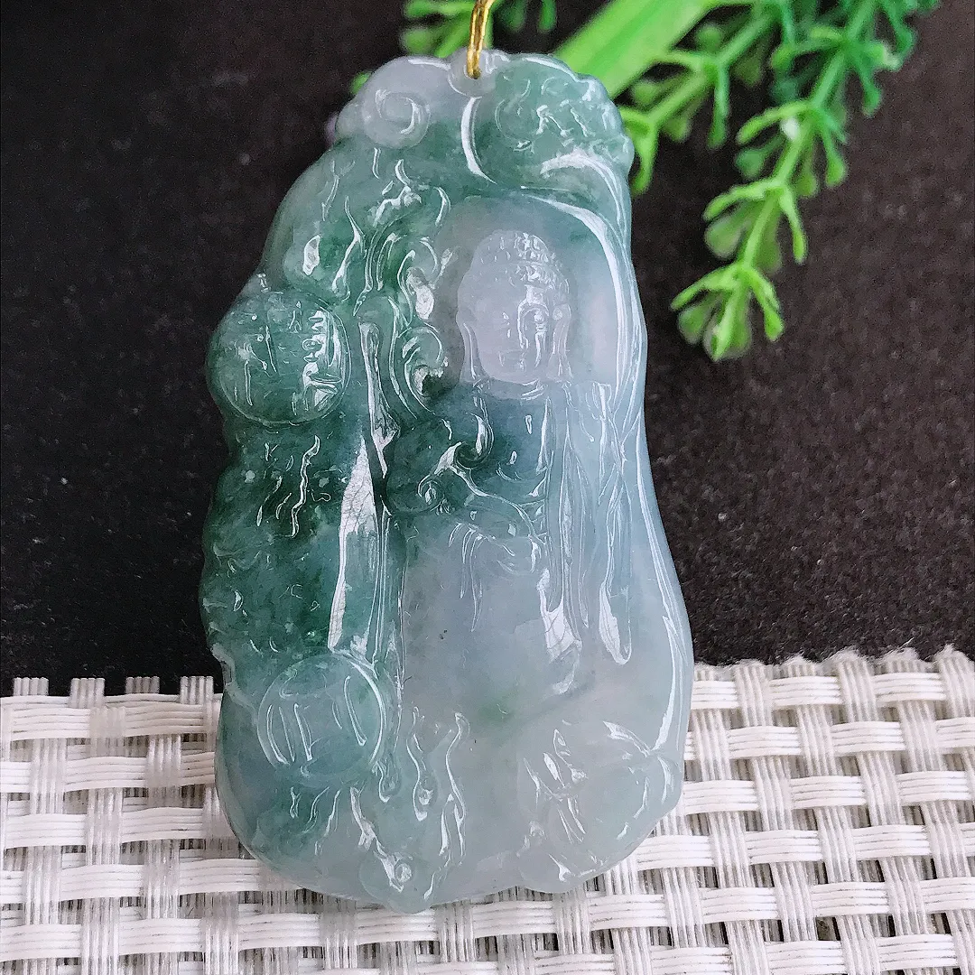 天然a货翡翠60.8/34.6/6.3老坑冰润起胶飘花阿弥陀佛吊坠翡翠玉挂件