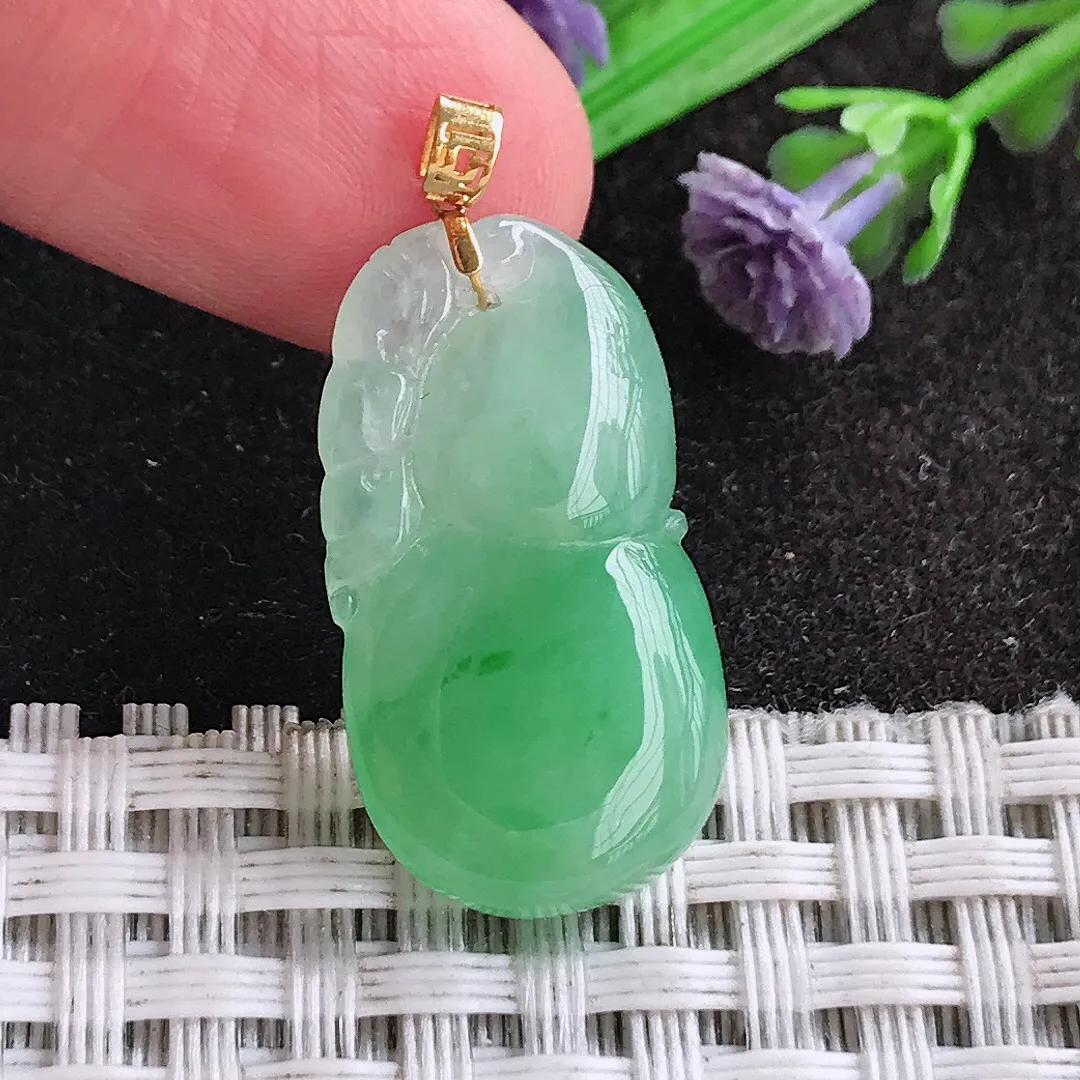 天然a货翡翠25.5/14.2/5.2老坑18k金镶嵌冰阳绿葫芦吊坠翡翠玉挂件