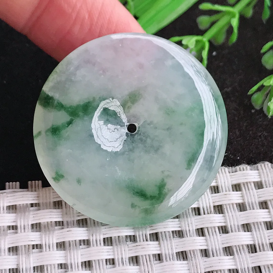 天然a货翡翠34.9/5.5老坑冰胶果冻飘花平安扣吊坠翡翠玉扣挂件