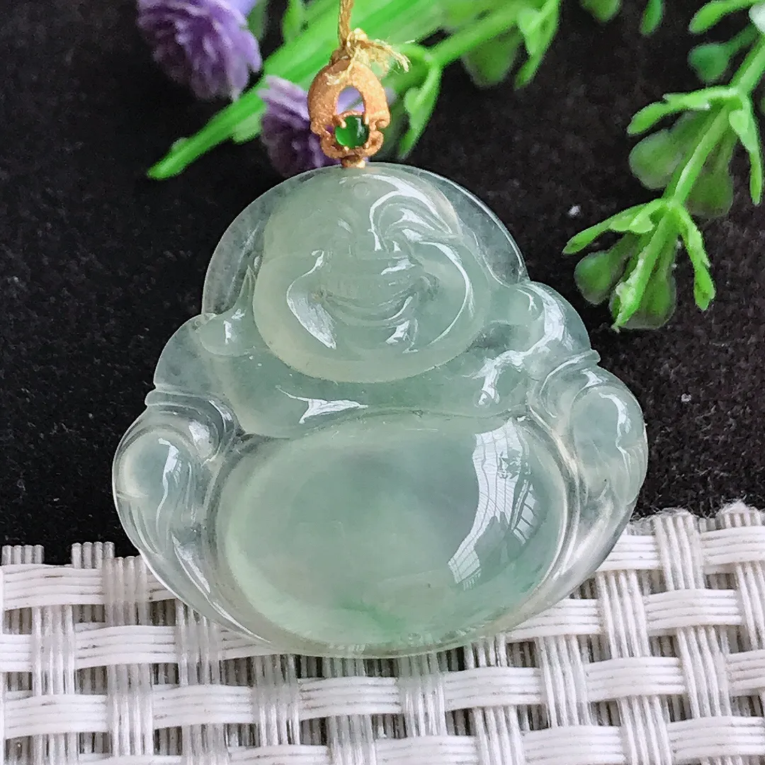 天然a货翡翠28.8/31.2/6老坑18k金镶嵌冰种冰晴绿佛公吊坠翡翠玉佛挂件