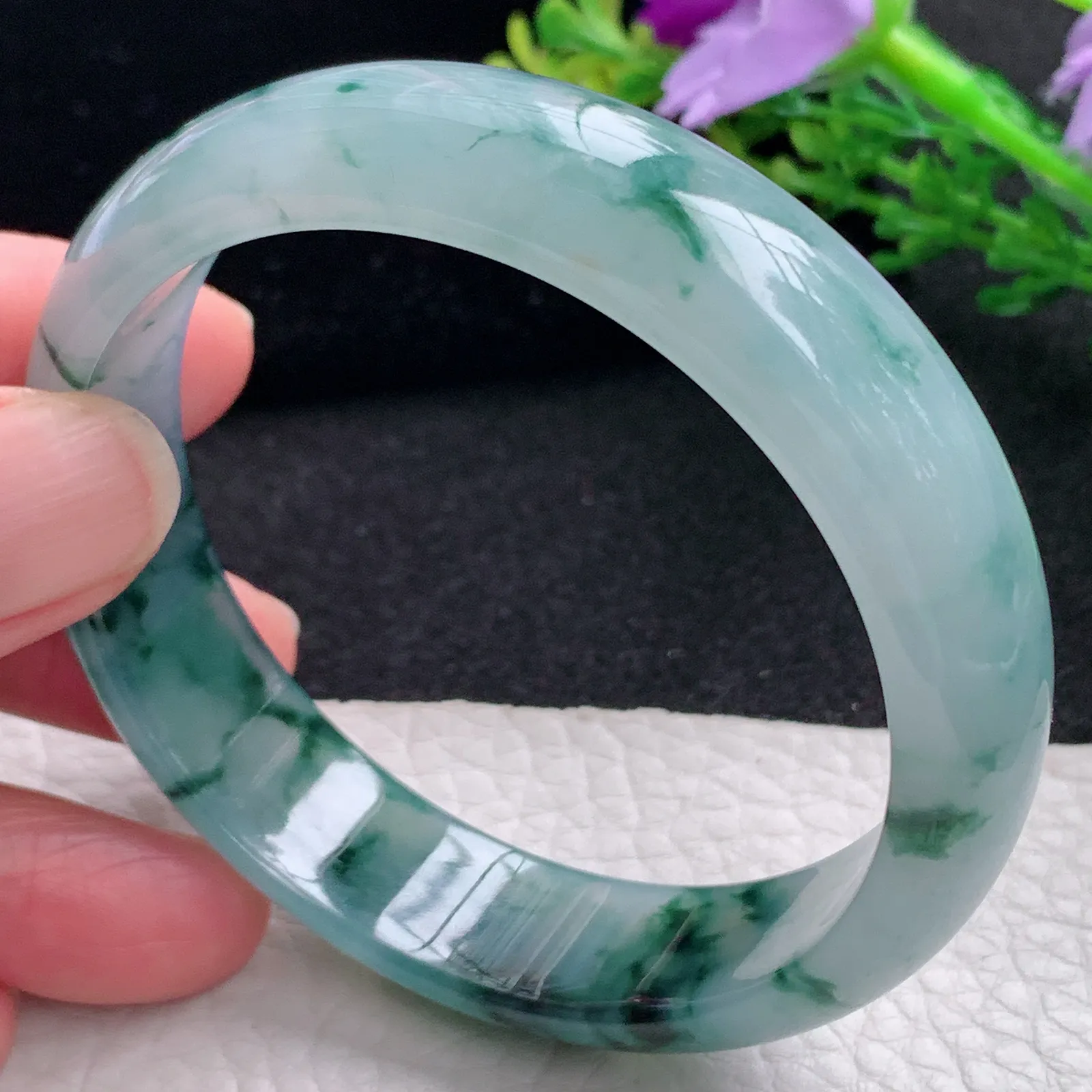 js自然光57*14.8*6.8平安镯 缅甸翡翠a货玉手镯冰飘花宽边玉手环