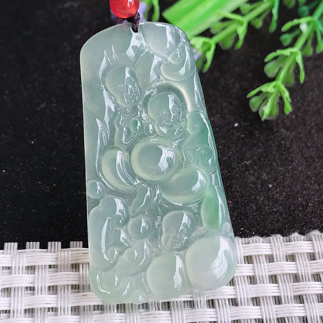 天然a货翡翠50/27.7/3.8老坑冰种果冻胶冰晴绿弥勒佛吊坠翡翠笑佛挂件