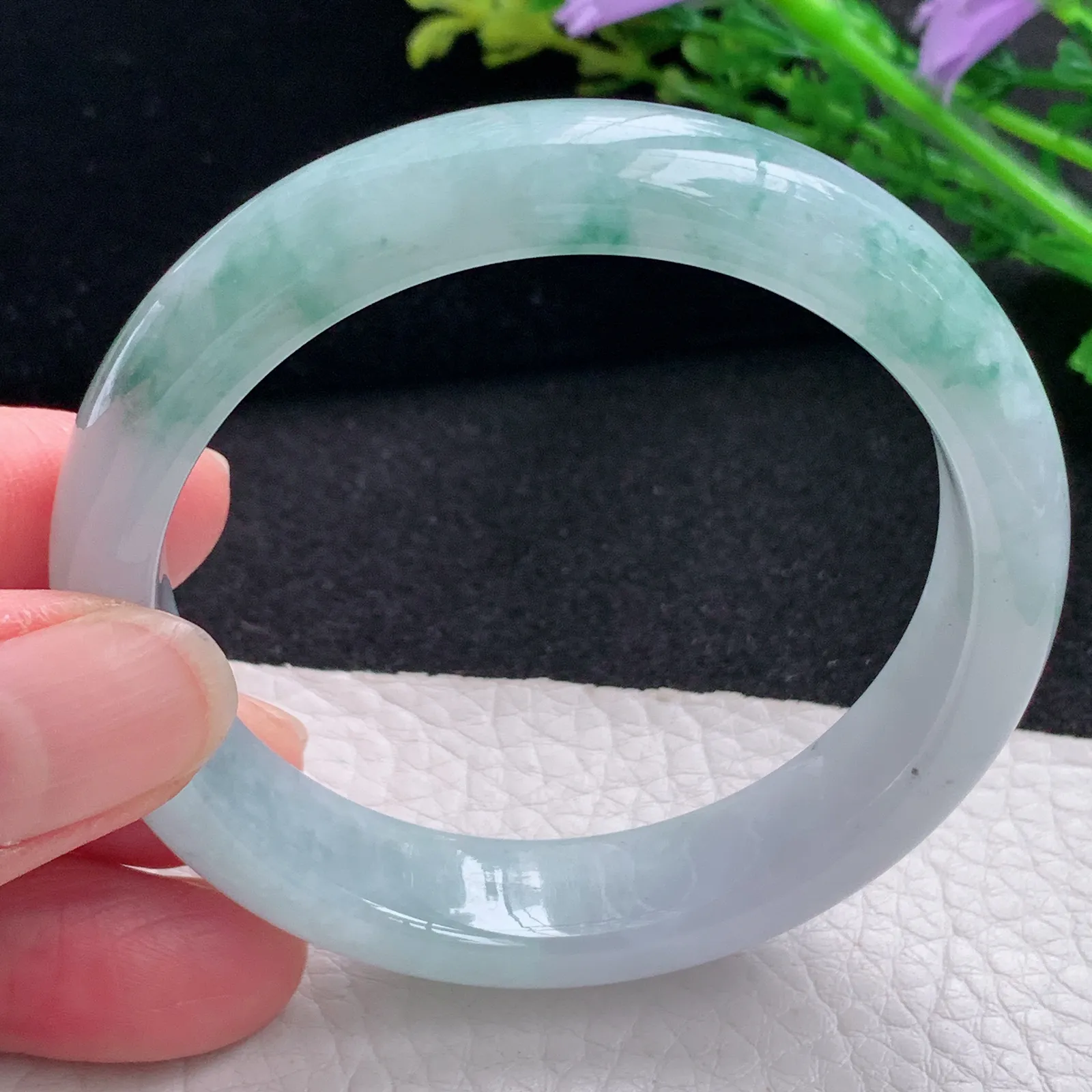 z自然光53.5*12.3*7.3平安镯 缅甸翡翠a货玉手镯飘花宽边玉手环