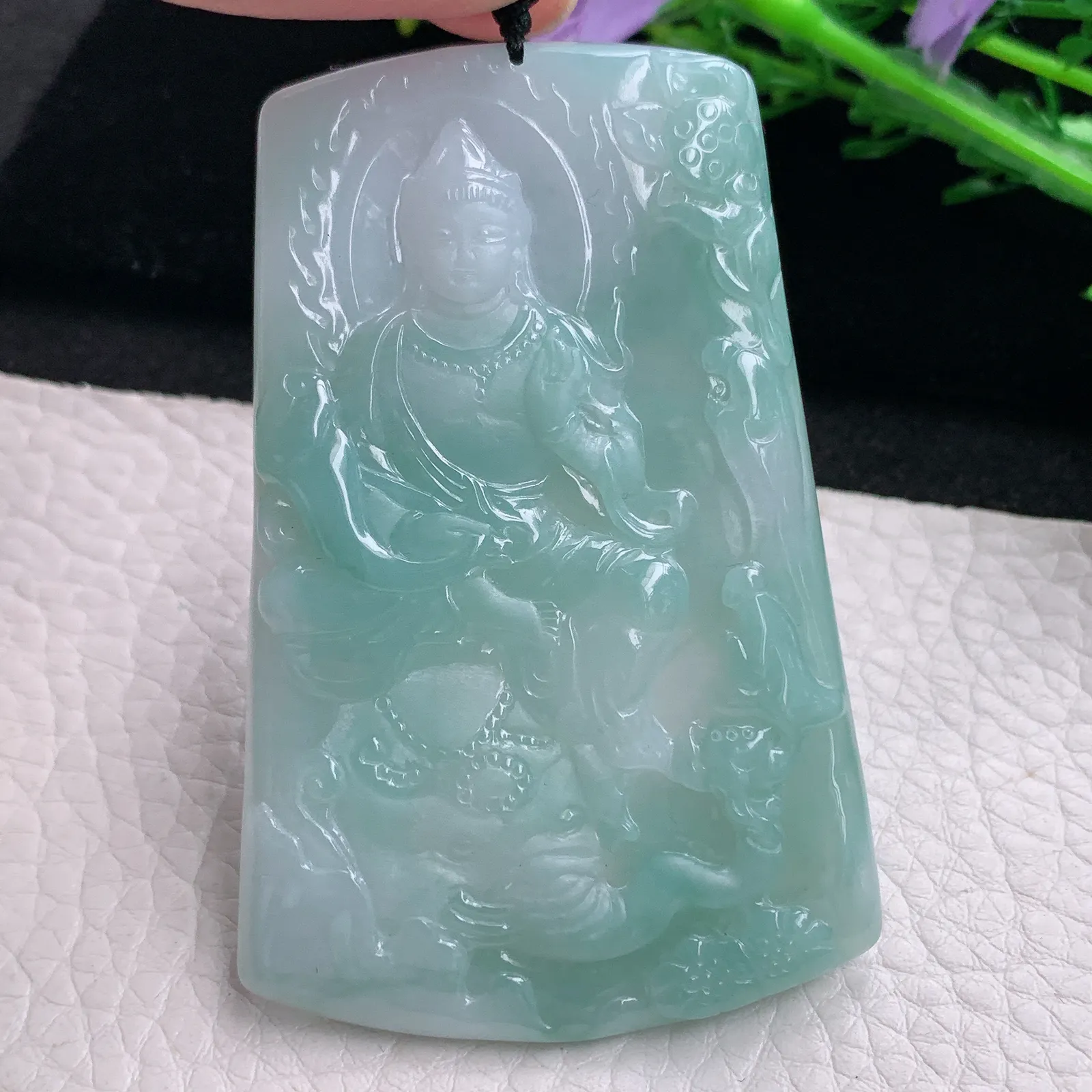kh自然光69*44.8*5天然缅甸翡翠蓝韵普贤观音菩萨玉吊坠 玉挂件