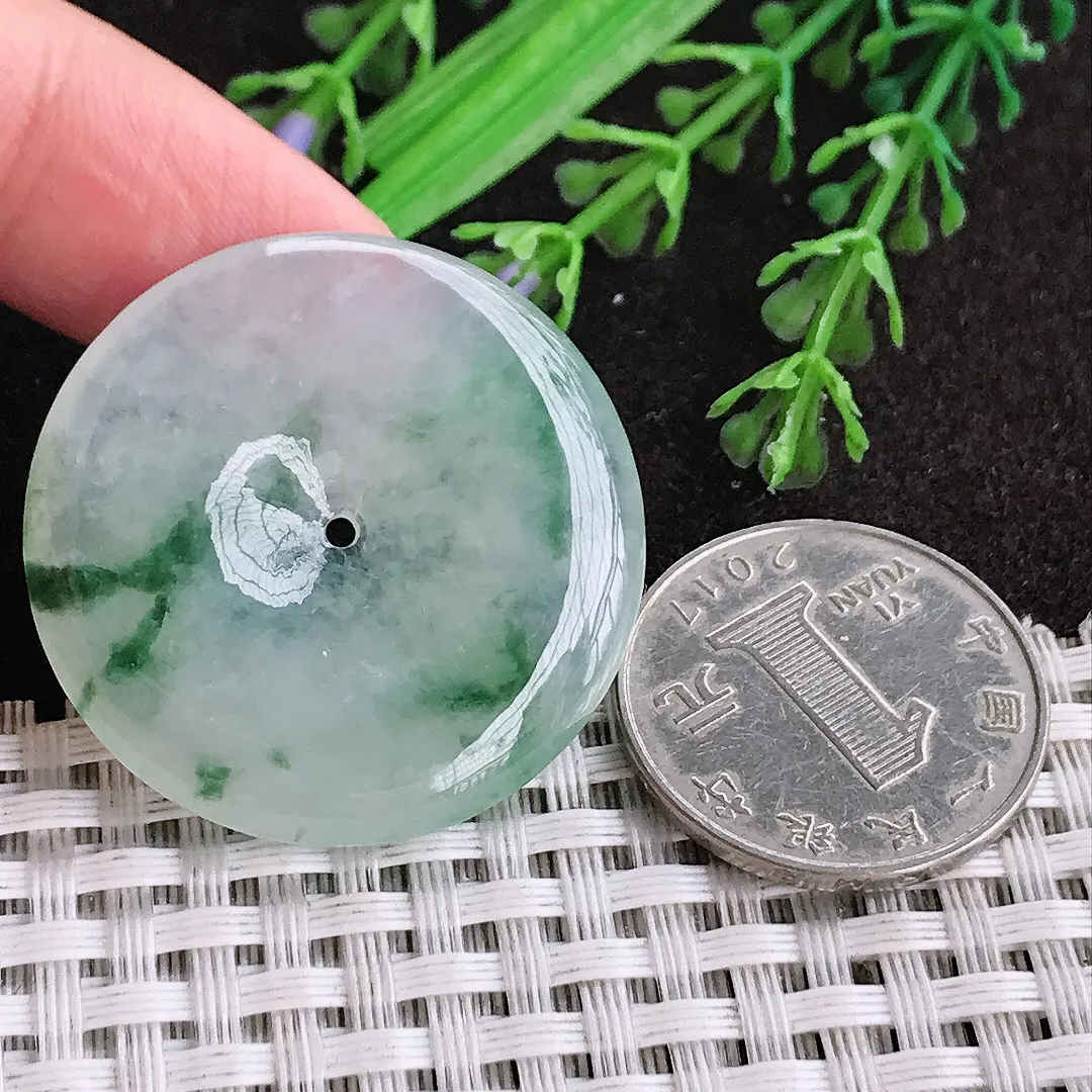 天然a货翡翠34.9/5.5老坑冰胶果冻飘花平安扣吊坠翡翠玉扣挂件