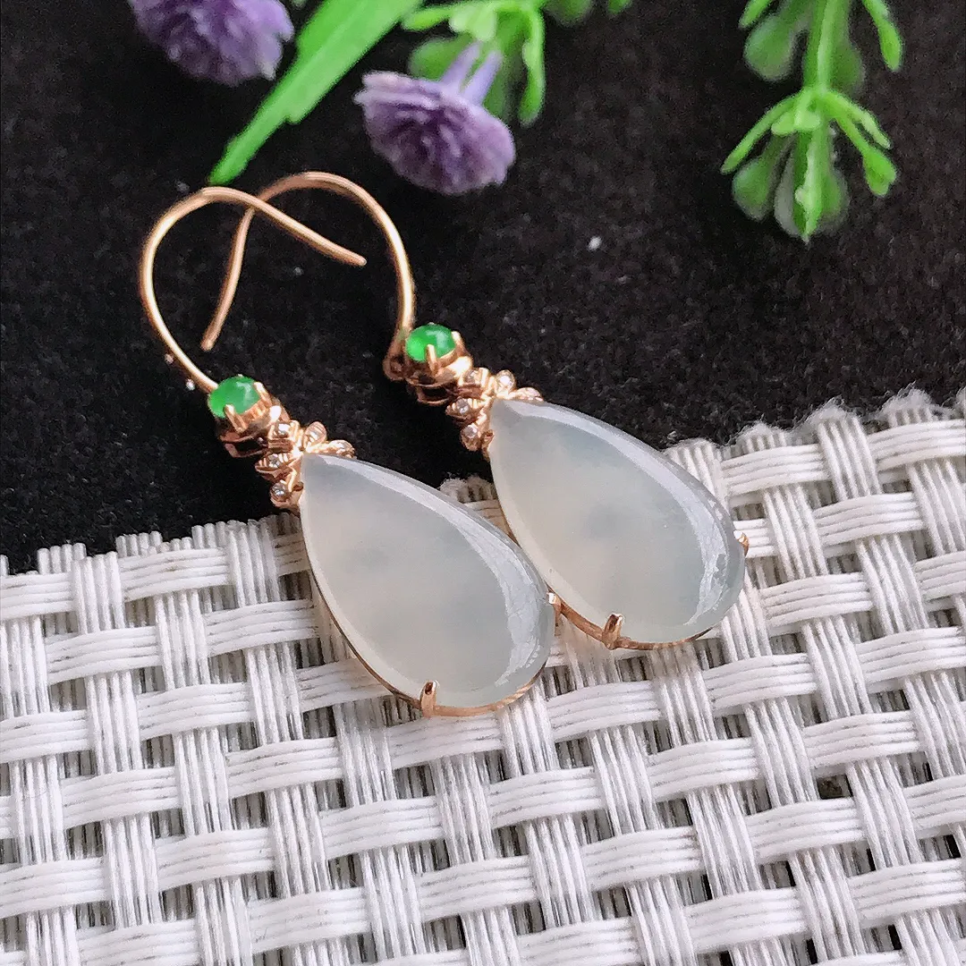 天然a货翡翠18/10.2/3.6老坑18k金镶嵌白冰水滴耳坠翡翠玉