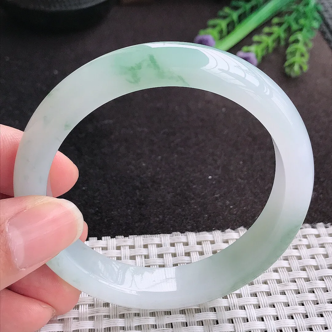 天然A货翡翠58/12.5/8.3老坑冰胶果冻冰飘花手镯宽边玉手镯