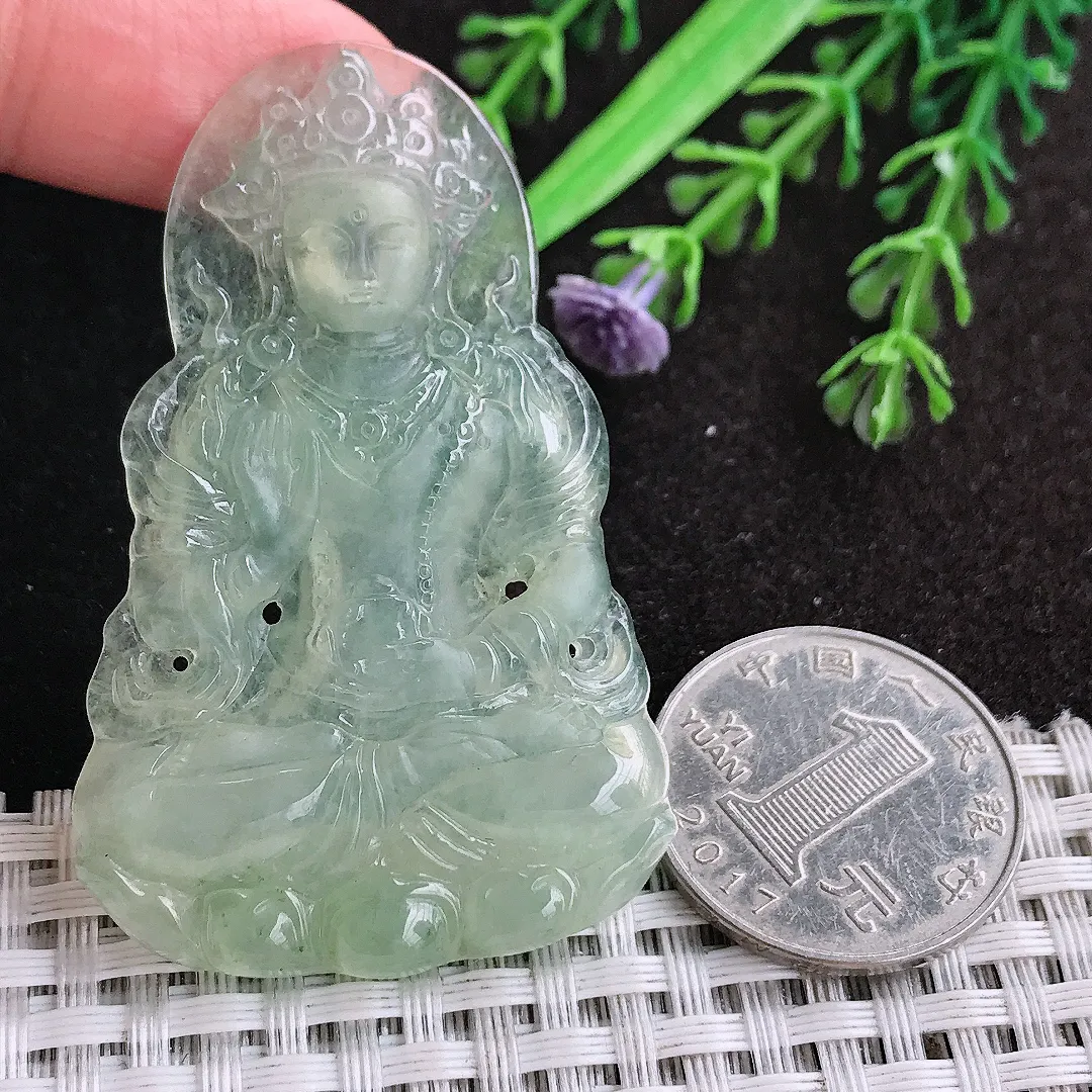 天然a货翡翠58/36.8/5老坑冰透起胶冰晴绿渡母菩萨吊坠翡翠玉挂件