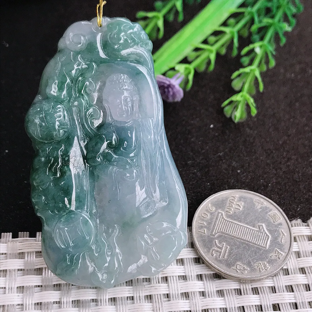 天然a货翡翠60.8/34.6/6.3老坑冰润起胶飘花阿弥陀佛吊坠翡翠玉挂件
