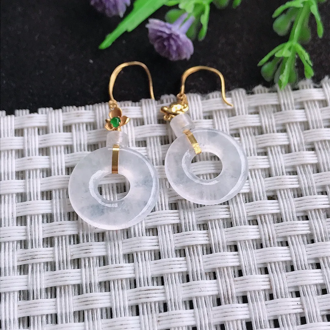 天然a货翡翠14.9/2.8老坑18k金镶嵌冰种白冰平安扣耳坠翡翠玉