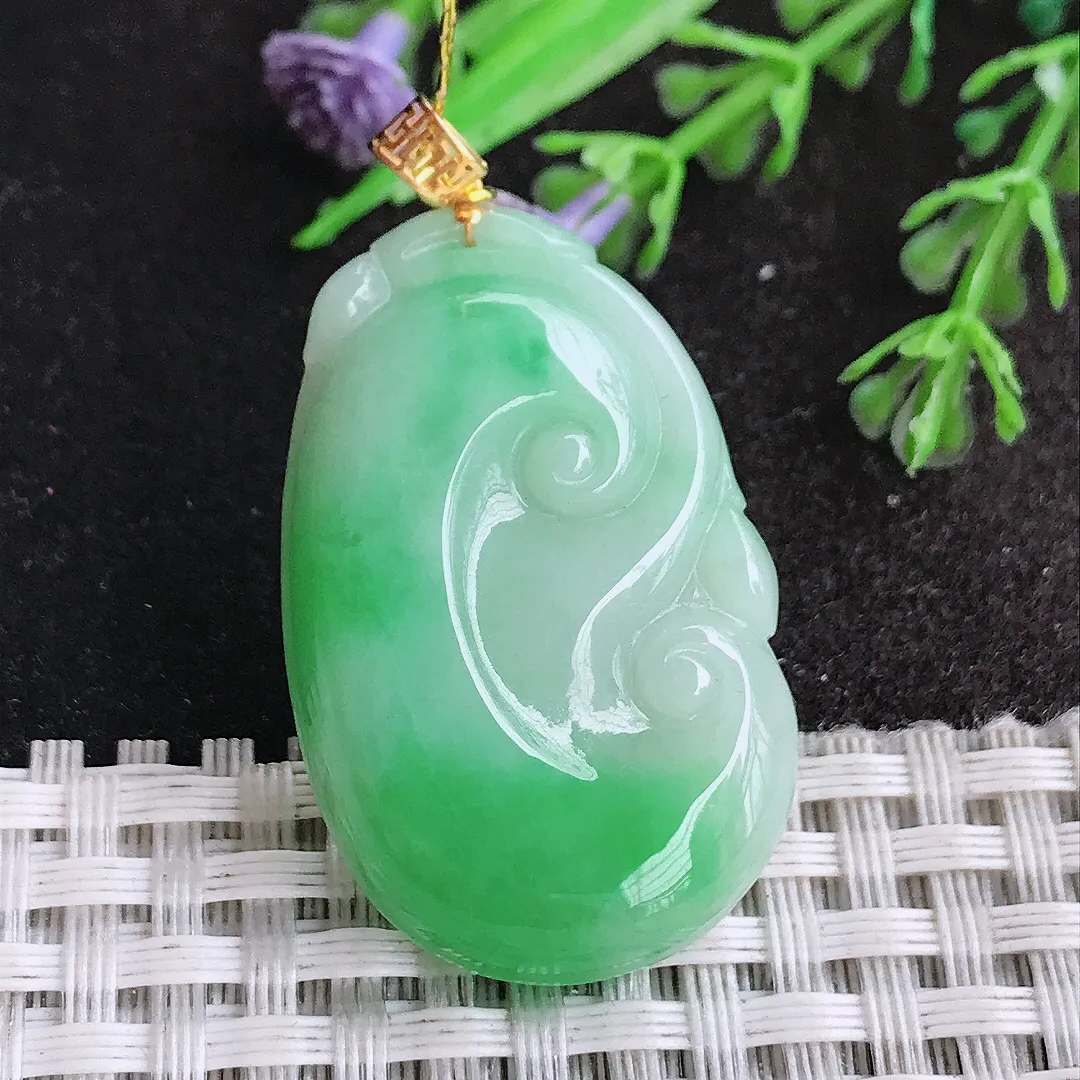 天然a货翡翠37/23.8/5.3老坑18k金镶嵌飘阳绿如意吊坠翡翠玉如意挂件