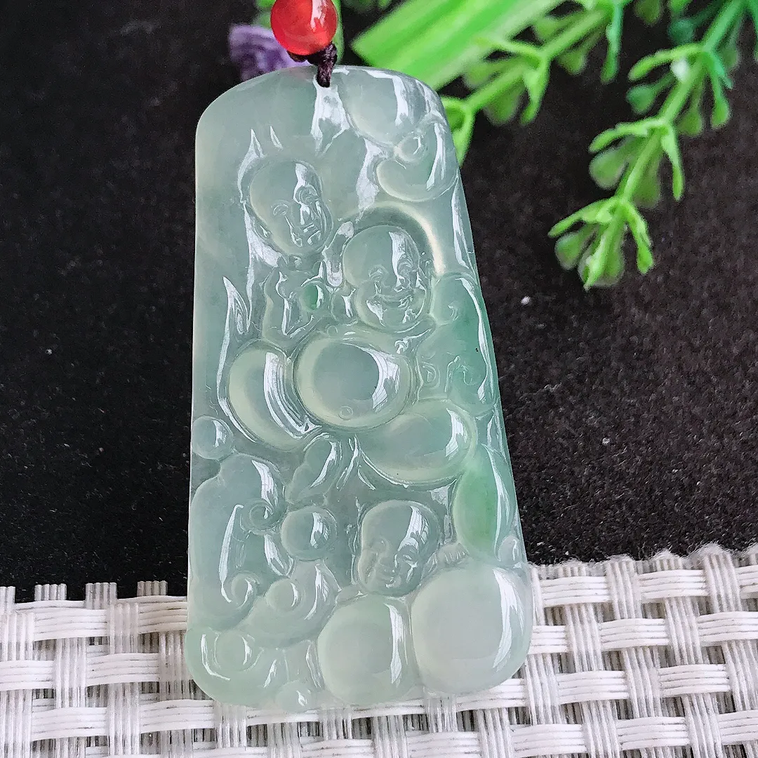 天然a货翡翠50/27.7/3.8老坑冰种果冻胶冰晴绿弥勒佛吊坠翡翠笑佛挂件