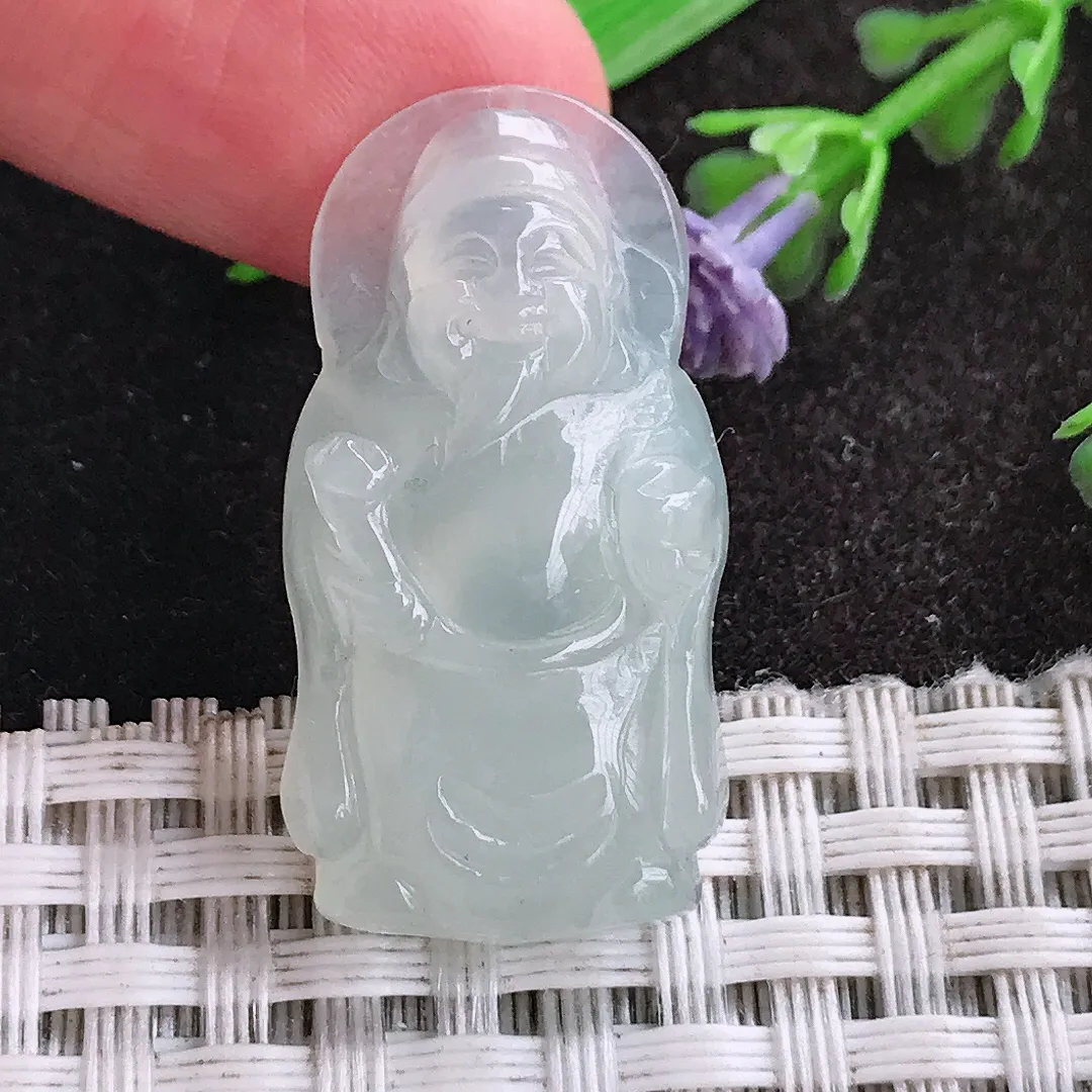 天然a货翡翠31.2/16.3/6老坑冰种起胶小财神爷吊坠翡翠玉挂件