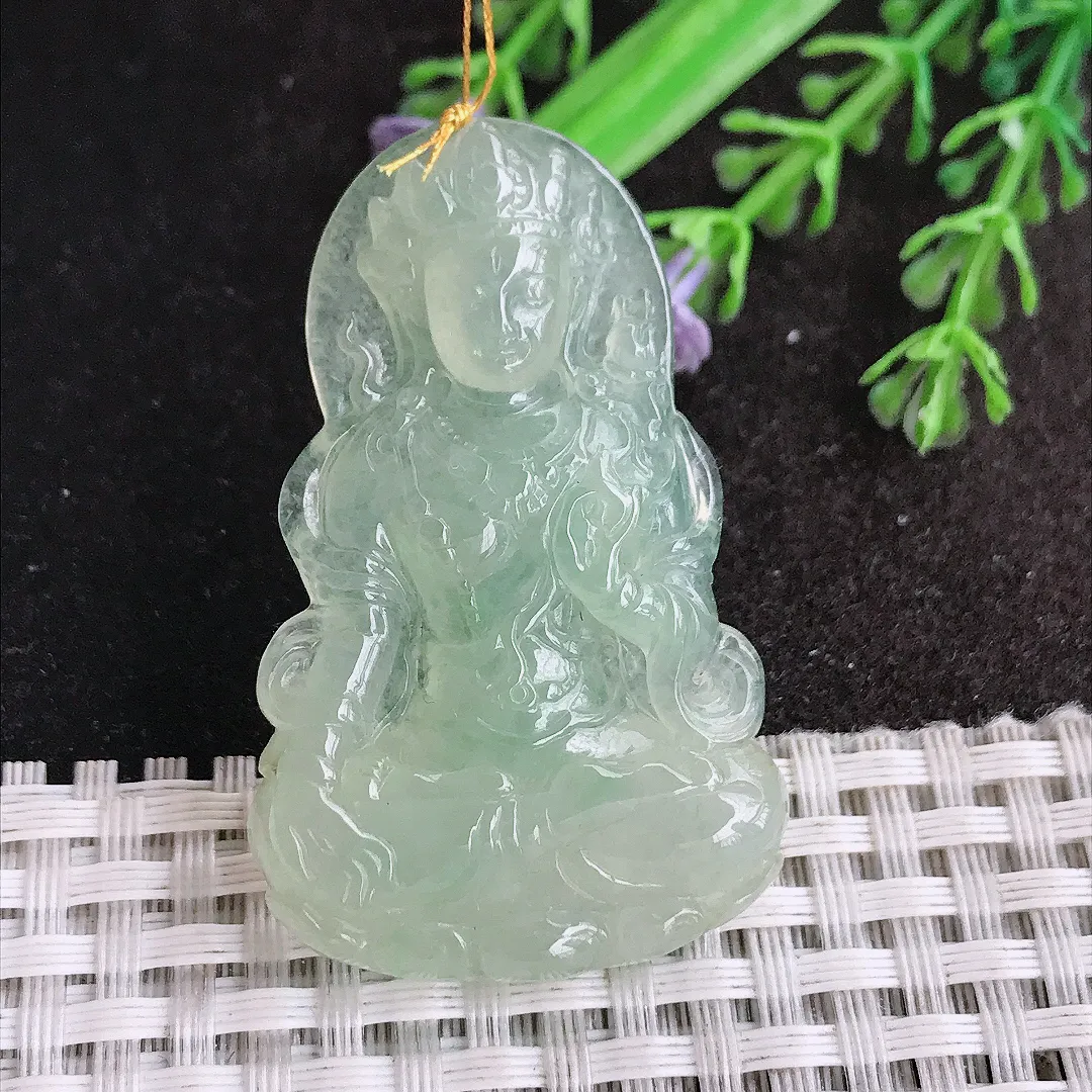 天然a货翡翠49/30.8/6老坑冰胶水灵冰晴绿渡母菩萨吊坠翡翠玉挂件