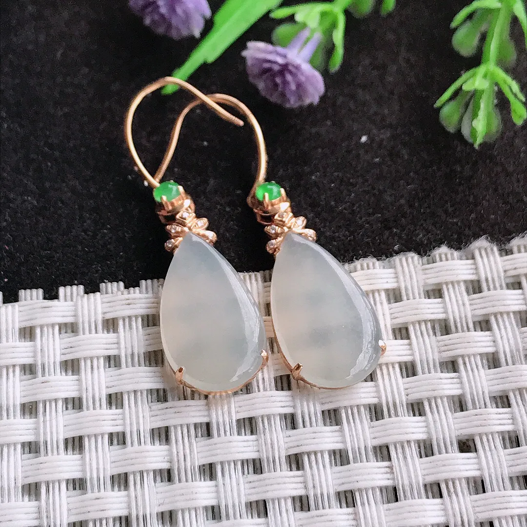 天然a货翡翠18/10.2/3.6老坑18k金镶嵌白冰水滴耳坠翡翠玉