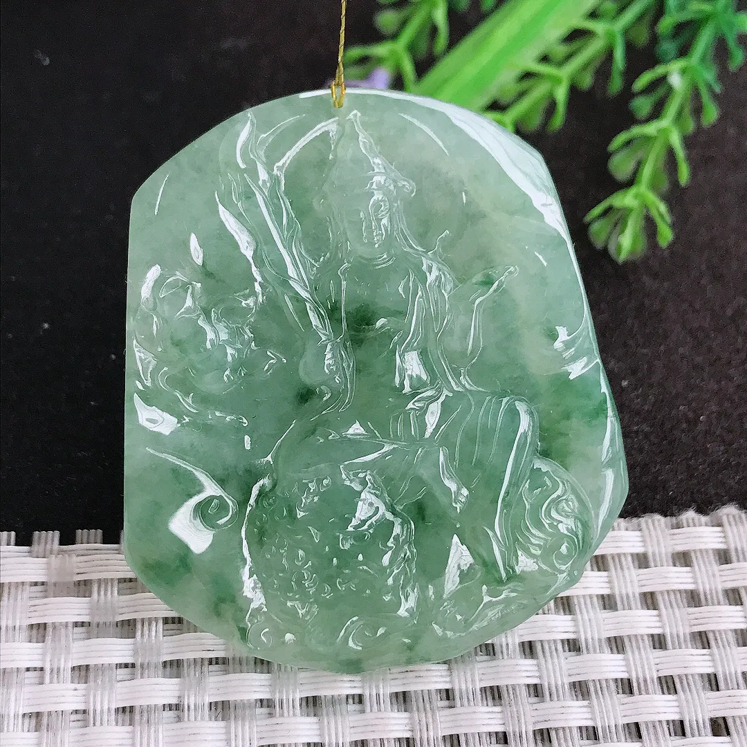天然a货翡翠52.8/46/6.2老坑冰胶果冻冰晴绿文殊菩萨吊坠翡翠玉挂件