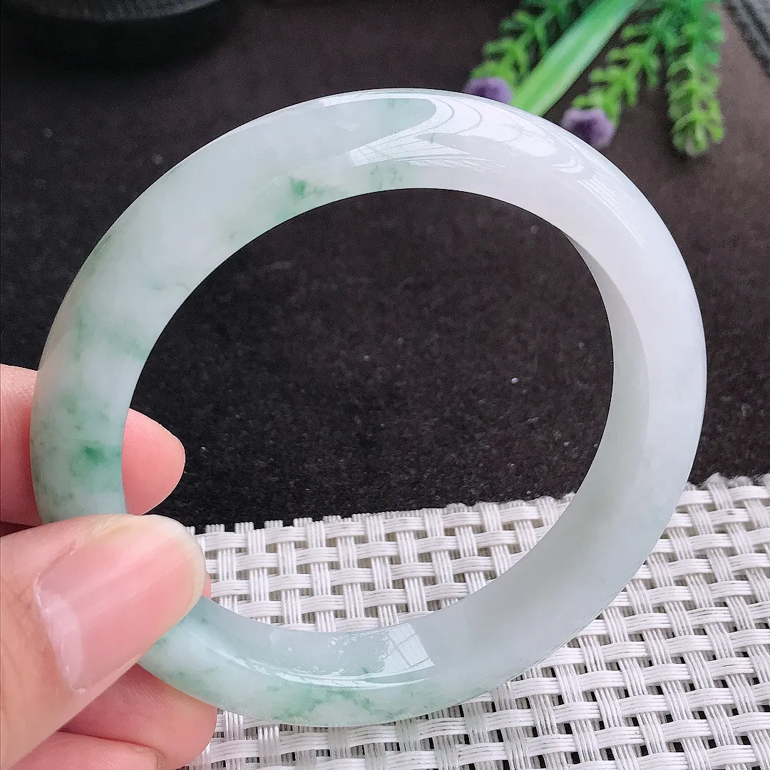 天然A货翡翠58/11.5/9老坑冰润水灵飘花手镯宽边玉手镯