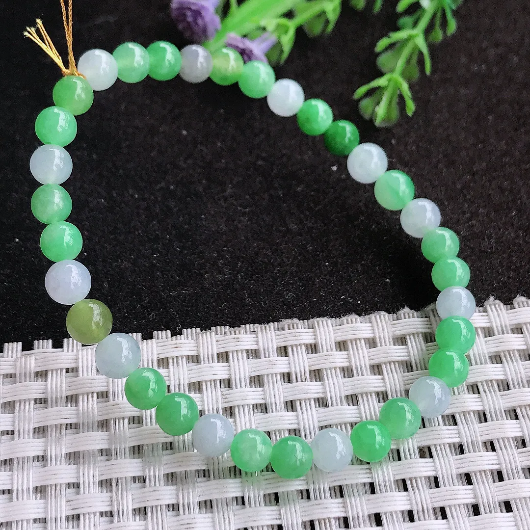 天然a货翡翠5.5/34颗老坑冰胶水灵飘阳绿圆珠手链小米珠手串