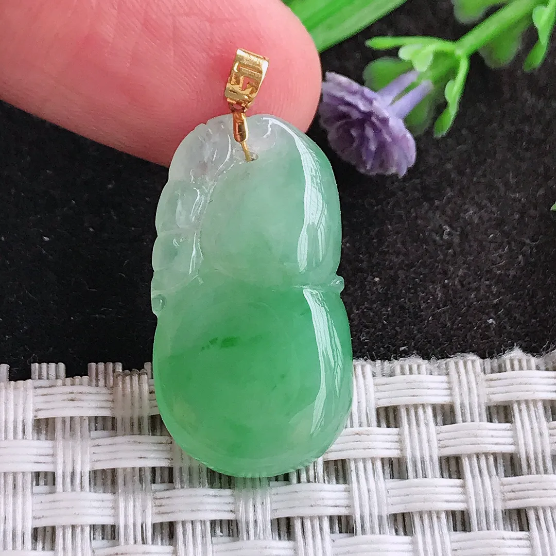 天然a货翡翠25.5/14.2/5.2老坑18k金镶嵌冰阳绿葫芦吊坠翡翠玉挂件