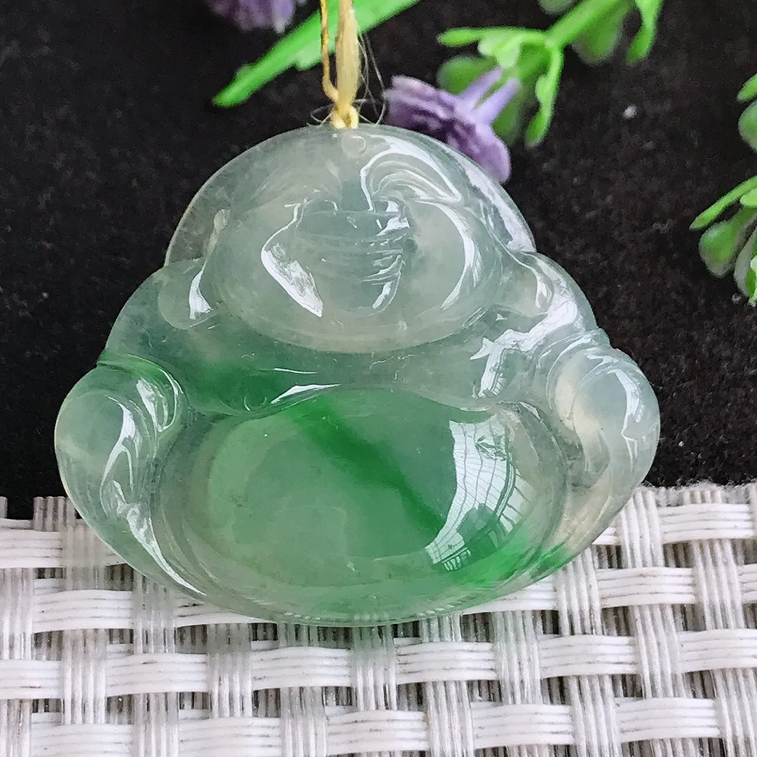 天然a货翡翠29.5/35/6.3老坑冰种果冻胶飘阳绿佛公吊坠翡翠玉挂件