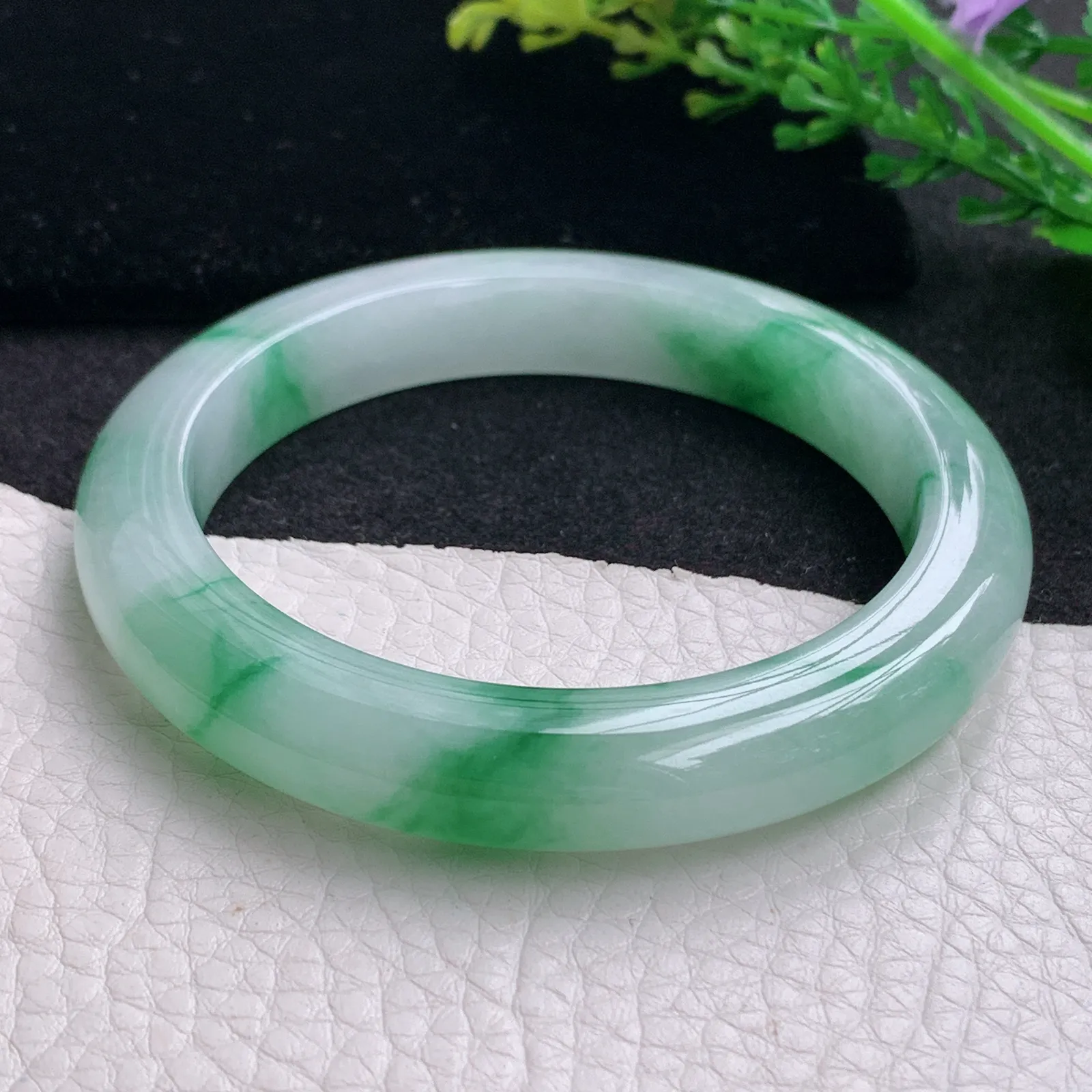 yh自然光57.5*10.5*9.2平安镯 缅甸翡翠a货玉手镯冰飘绿花宽边玉手环