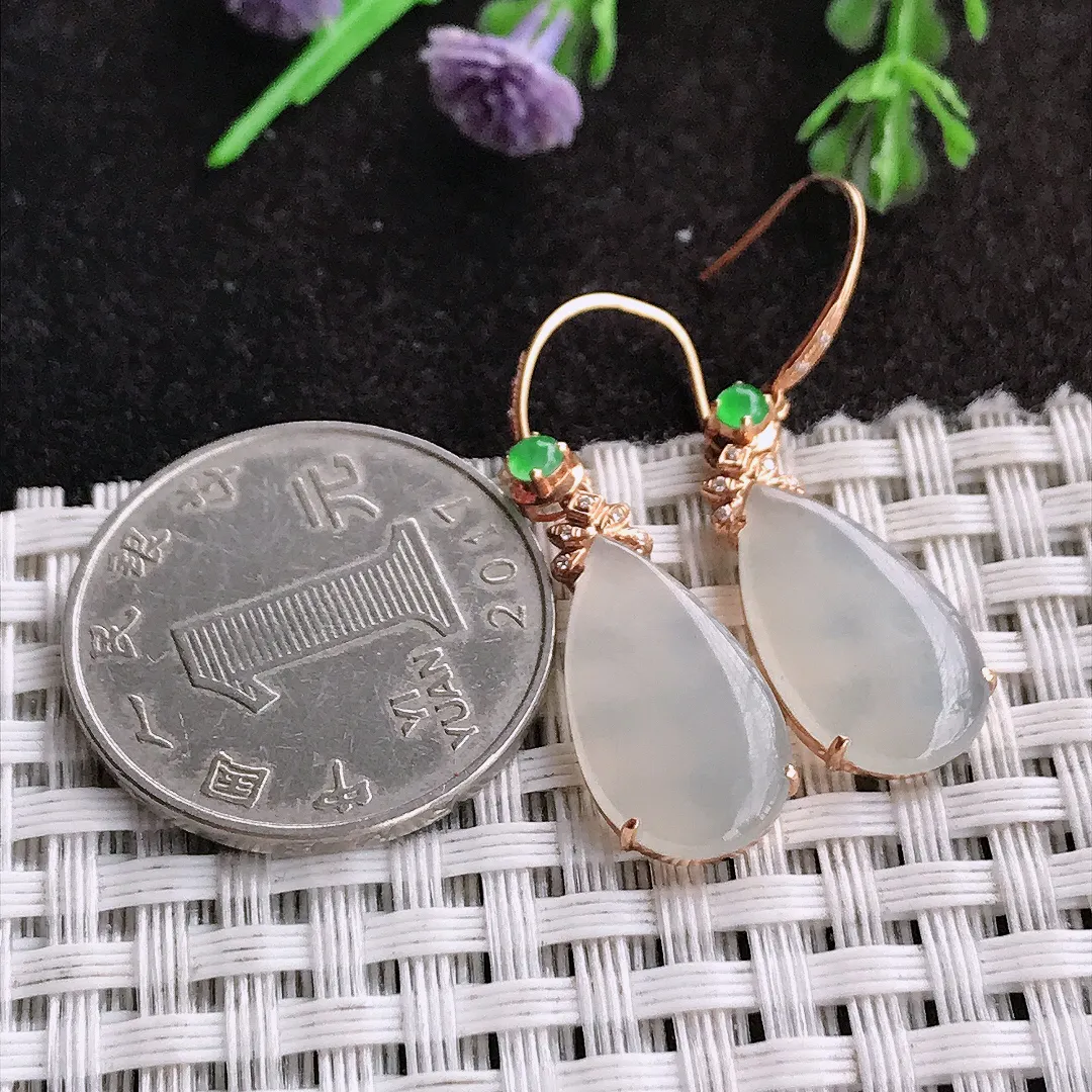 天然a货翡翠18/10.2/3.6老坑18k金镶嵌白冰水滴耳坠翡翠玉