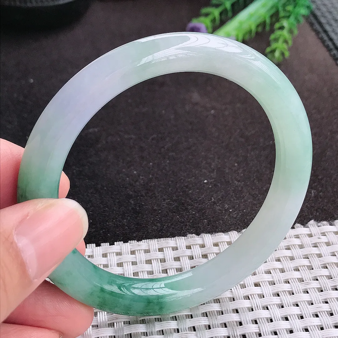 天然A货翡翠56.8/9.2老坑冰胶果冻冰飘花圆条手镯玉手镯