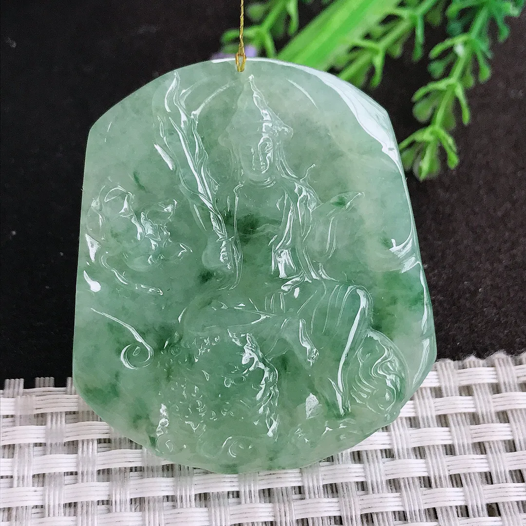天然a货翡翠52.8/46/6.2老坑冰胶果冻冰晴绿文殊菩萨吊坠翡翠玉挂件