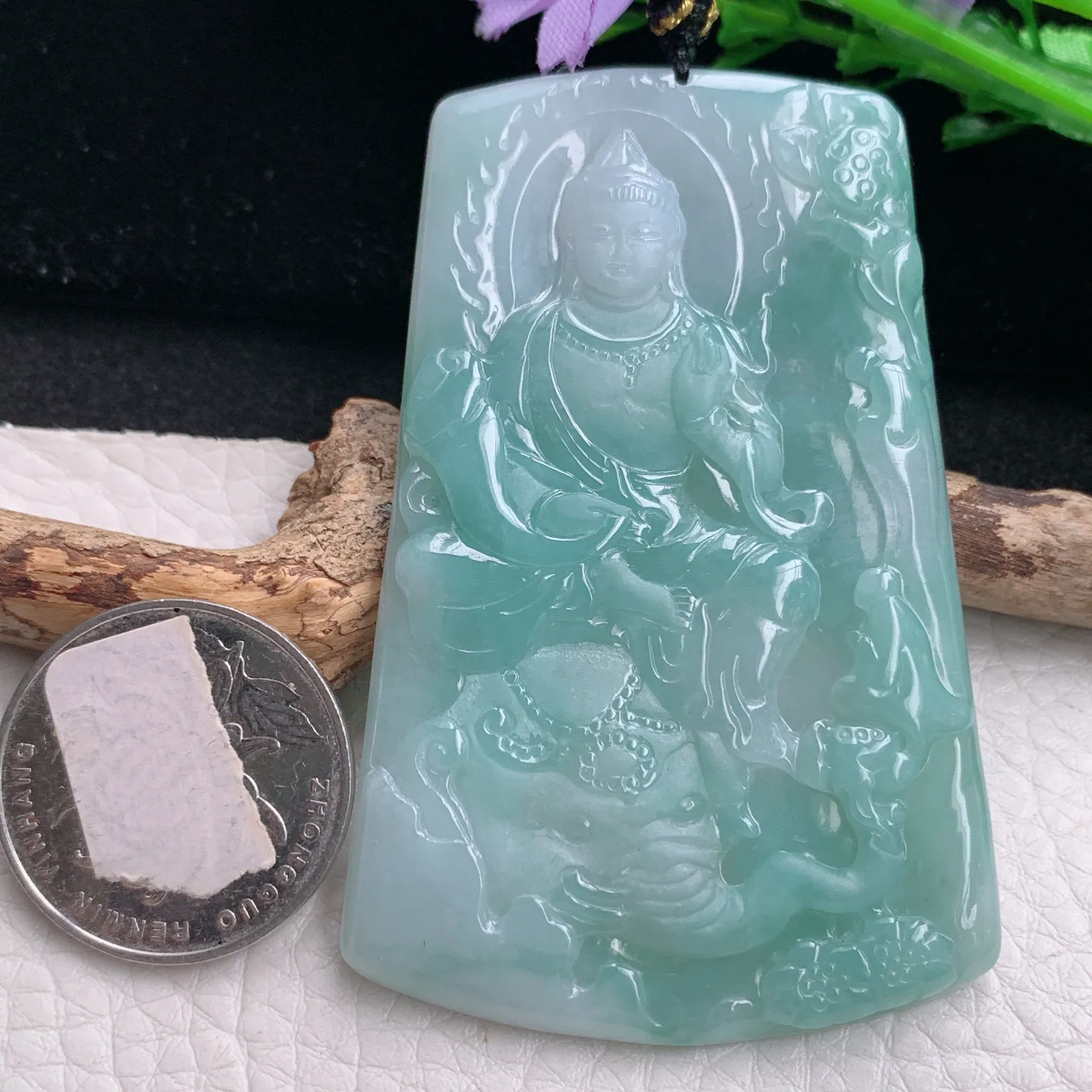 kh自然光69*44.8*5天然缅甸翡翠蓝韵普贤观音菩萨玉吊坠 玉挂件