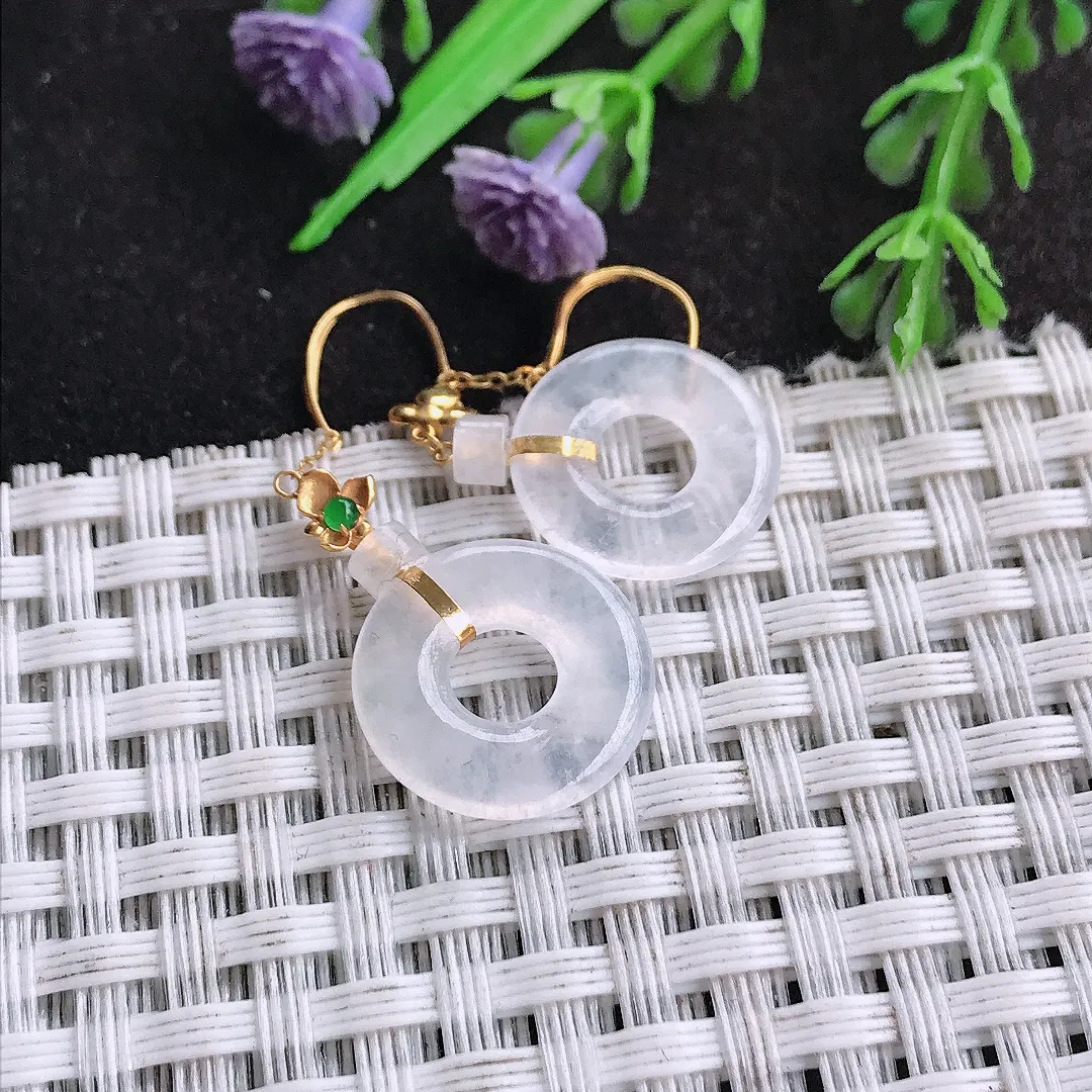 天然a货翡翠14.9/2.8老坑18k金镶嵌冰种白冰平安扣耳坠翡翠玉