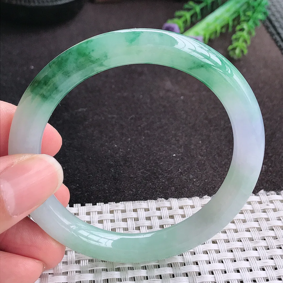 天然A货翡翠56.8/9.2老坑冰胶果冻冰飘花圆条手镯玉手镯