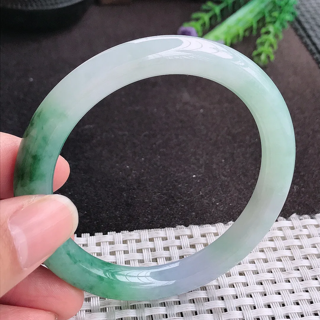 天然A货翡翠56.8/9.2老坑冰胶果冻冰飘花圆条手镯玉手镯