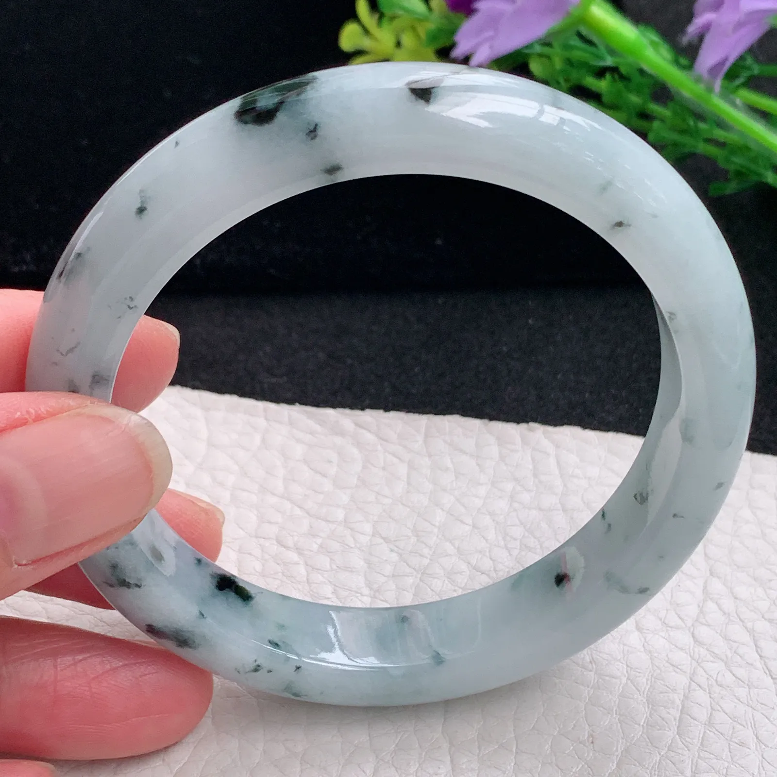 hy自然光58*11.8*8.3平安镯 缅甸翡翠a货玉手镯冰飘花灵动宽边玉手环